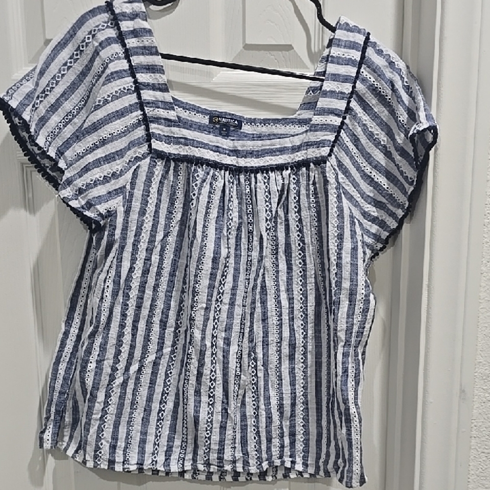 Nautica White and Blue Blouse with Bib Collar